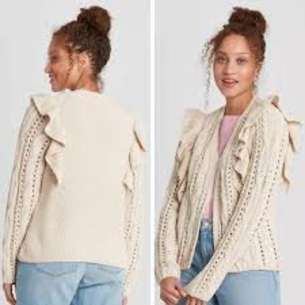 Universal Thread Cream Ruffle Open-Front Cable Knit Cardigan Size L 🤍 - Picture 2 of 15